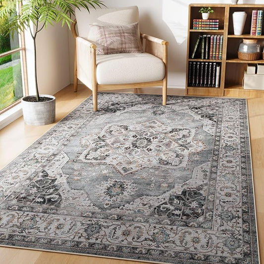 Rugcomf Vintage Medallion 4'x6' Rug - Machine Washable Area Rug, Non-Slip Low Pile Boho Carpet for Girl/Boys Room, Living Room, Kids, Entry - Grey and White