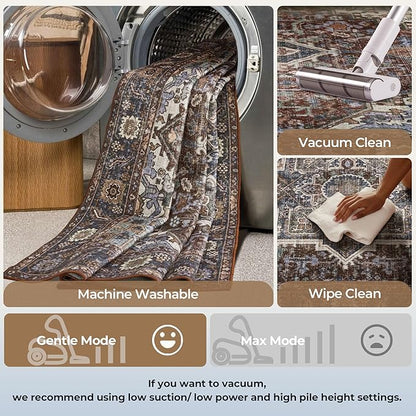 Kokia 5x7 Washable Area Rugs Maroon with Vintage Orient Design, Soft Rug for Living Room or Bedroom, Non-Slip Low Pile Stain Resistance Features, Distressed Medallion Pattern