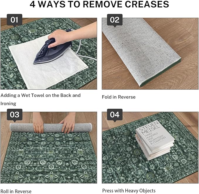 Hallway Runner Rug, Dark Green Washable Runner Rug 2x8 Vintage Floral Kitchen Rug Runner Non Slip Boho Thin Printed Faux Wool Super Soft Carpet for Entryway Bedroom Laundry Room Indoor