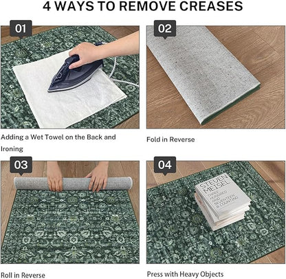 Vintage Runner Rug 3x10, Dark Green Washable Kitchen Runner Non-Slip Soft Hallway Rug Runner Floral Thin Print Faux Wool Carpet for Entryway Bedroom Laundry Room Indoor Home Office Decor