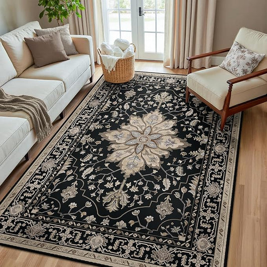 Area Rugs 5'x8' Washable Non-Slip, Floral Vintage Distress Print Pattern Medallion Carpet for Living Room Bedroom Dining Room, Black Brown Neutral Dark Tan