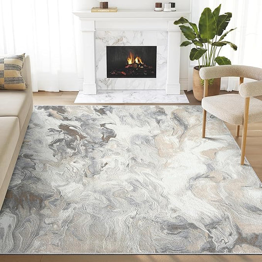 Abani Regal Beige Grey Area Rug for Living Room, Bedroom - Swirl Abstract Pattern - 2' x 3' - Durable & Easy to Clean