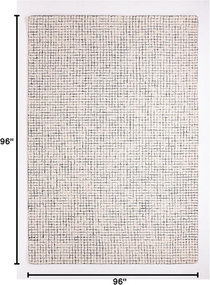 Hand-Tufted 100% Wool Pile Area Rug – Geometric Textured Grid Check Pattern – Thick and Durable Floor Carpet for Bedroom, Living Room, Kids Room, and Dining Area (Ivory, Denim, 8' Round)