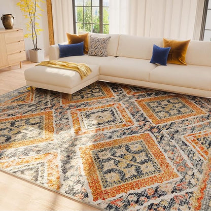 Area Rug 4x6 Rug Machine Washable Non-Slip Low Pile Print Pattern Western Rug for Living Room Bedroom Entryway Tribal Series -Orange/Brown