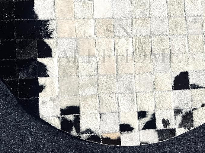 Round Geometric Patchwork Cowhide Leather Area Rug – Washable Non-Slip Modern Carpet for Living Room, Bedroom, Office & Home Décor, Faux Cowhide Accent Rug (Black & White, 7×7ft)