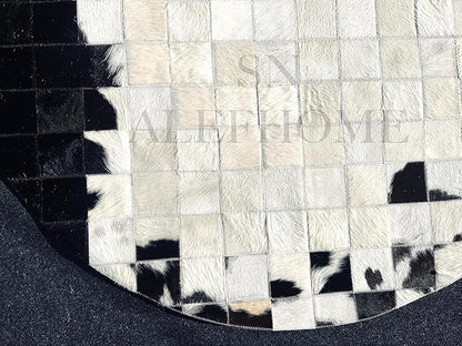 Round Geometric Patchwork Cowhide Leather Area Rug – Washable Non-Slip Modern Carpet for Living Room, Bedroom, Office & Home Décor, Faux Cowhide Accent Rug (Black & White, 7×7ft)