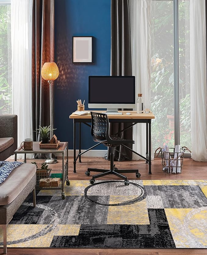 Rugshop Contemporary Circle Design Area Rug, Non-Shedding Carpet for Living Room, Bedroom, or Dining Room, Yellow, 10' x 14'
