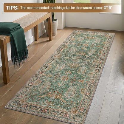 Bavni Runner Rug, Machine Washable Rugs for Bedroom 2x10, Non Slip Boho Rugs with Rubber Backing, Ultra-Thin Folable Rug Runner for Hallways Bathroom, Sage/Gold