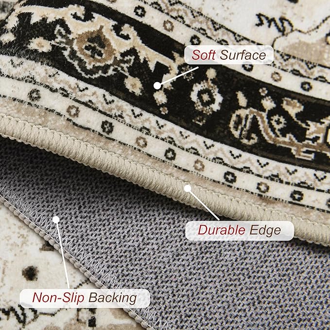 XWZO Runner Rug 2x10ft for Long Hallways, Washable Non-Slip Low Pile Area Rug with Rubber Backing, Spill Resistant Soft Vintage Floor Carpet for Kitchen Entryway Stair Landing Bedroom, Brown Beige