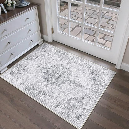 HUGEAR Washable 2x3 Entryway Area Rugs Retro Grey Small Vintage Distressed Non Slip Stain Resistant Low Pile Neutral Throw Carpet for Bedside Kitchen Entryway Home Decor