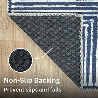 Bloom Rugs Washable Non-Slip 7 ft Runner - Blue Striped Runner for Entryway, Hallway, Bathroom, and Kitchen - Exact Size: 2.5' x 7'