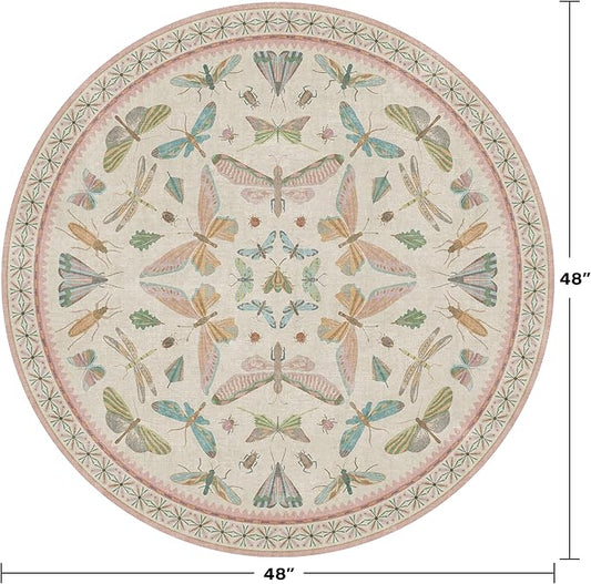 Boho Light Pink 4ft Round Small Throw Rugs for Living Room - Low Pile & Soft Cute Circle Rug for Girls Bedroom, Baby Nursery, Butterfly Pattern Fun Design, Low Pile & Soft Stain Resistant Carpet