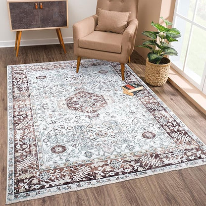 Bloom Rugs Caria Washable Non-Slip 9x12 Rug - Beige/Brown Traditional Area Rug for Living Room, Bedroom, Dining Room, and Kitchen - Exact Size: 9' x 12'
