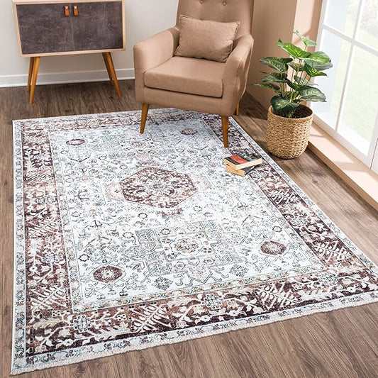 Bloom Rugs Washable Non-Slip 2x3 Rug - Beige/Brown Traditional Oriental Area Rug for Living Room, Bedroom, Dining Room, and Kitchen - Exact Size: 2' x 3'