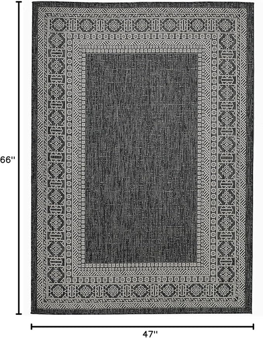 FH Home Flat Woven Outdoor Rug - Waterproof, Easy to Clean, Stain resistant - Premium Polypropylene Yarn - Bordered Moroccan - Patio, Deck,Porch,Balcony,Laundry - Accra - Charcoal - 3ft 11in x 5ft 6in