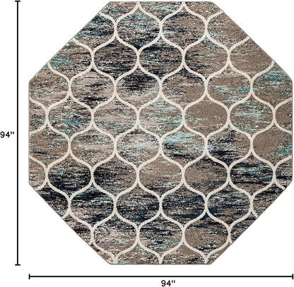 Rugs.com Lattice Frieze Collection Rug – 7' 10 Octagon Blue Multi Medium Rug Perfect for Living Rooms, Kitchens, Entryways