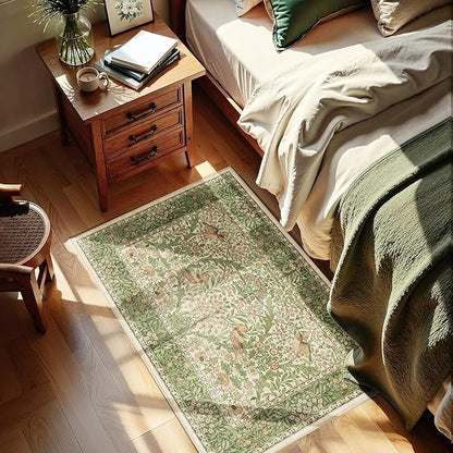 2x3 Floral Washable Area Rug for Entryway, Vintage Boho Rugs for Living Room Bedroom Dining Room, Botanical Birds Non Slip Low Pile Forest Animal Throw Carpet for Farmhouse Office, Retro Pink/Green