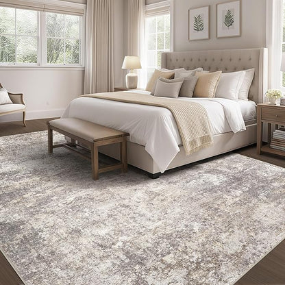 Area Rug Living Room Rugs - 7x10 Washable Large Soft Indoor Neutral Modern Abstract Low Pile Rug Carpet for Bedroom Dining Room Farmhouse Home Office - Brown