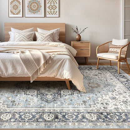 9x12 Area Rug Living Room: Washable Boho Large Neutral Vintage Soft Rugs Stain Resistant Farmhouse Non-Slip Indoor Floor Carpet for Bedroom Nursery Kids Playroom Office Dining Room House- Blue Tan