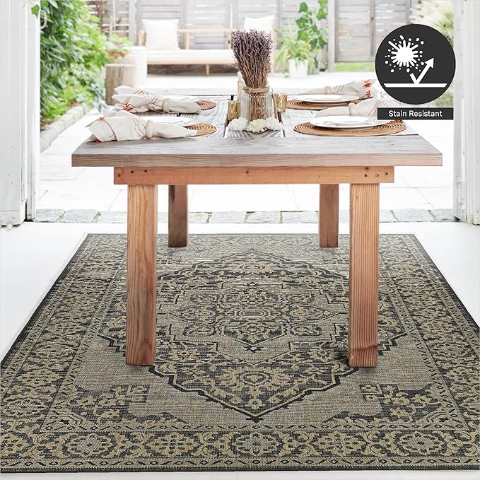 FH Home Flat Woven Outdoor Rug - Waterproof, Easy to Clean, Stain Resistant - Premium Polypropylene Yarn - Vintage - Large Patio, Deck, Sunroom - Ankara - Charcoal - 7ft 10 in x 10ft 9in