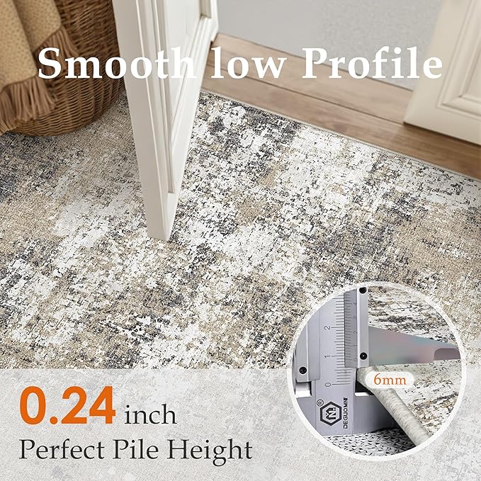 2x6 Abstract Runner Rug Brown Washable Modern Hallway Carpet Non Slip Ultra Soft Neutral Low Pile Contemporary Long Rug for Bathroom Laundry Kitchen Bedroom