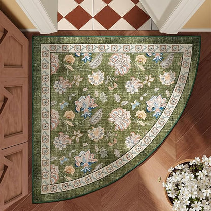 jinchan Elora Floral Corner Rug for Entryway Washable Kitchen Rug Vintage Romance Design Non Slip Quarter Circle Lightweight Low-Pile Throw Carpet for Playroom Reading Nook Nursery, 4ft Radius, Green