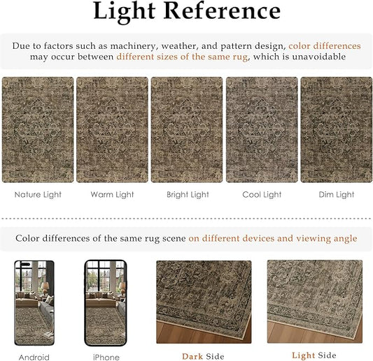 8x10 Washable Area Rug Brown Vintage Distressed Large Rug for Living Room Oriental Soft Thin Indoor Retro Carpet Non Slip Low Pile Floor Cover for Bedroom Dining Room Office Nursery
