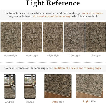 9x12 Washable Area Rug Brown Vintage Distressed Large Rug for Living Room Oriental Soft Thin Indoor Retro Carpet Non Slip Low Pile Floor Cover for Bedroom Dining Room Office Nursery