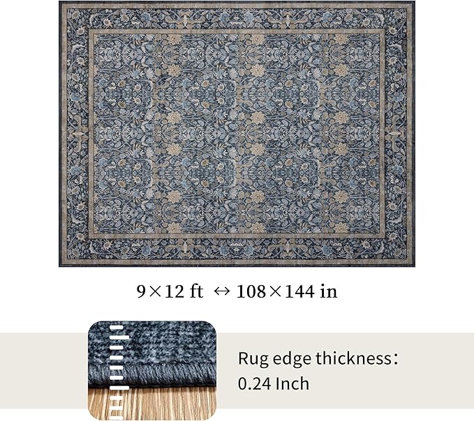 Washable Living Room Rug: 9x12 Boho Floral Soft Area Rug for Bedroom Decor - Vintage Low Pile Thin Carpet for Dining Room Non-Slip - Farmhouse Stain Resistant Rugs - Slate Blue