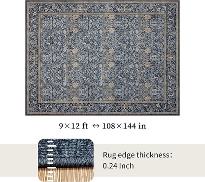 Washable Living Room Rug: 9x12 Boho Floral Soft Area Rug for Bedroom Decor - Vintage Low Pile Thin Carpet for Dining Room Non-Slip - Farmhouse Stain Resistant Rugs - Slate Blue