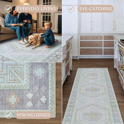 Fame Living Washable Area Rug. Modern Farmhouse. Vintage. Turkish. Bohemian. Distressed. Oriental. Traditional. Rugs for Living Room. Dining. Bedroom. Office. Entryway. Foyer. (856GrnCrm, 2'5" x 4'9")