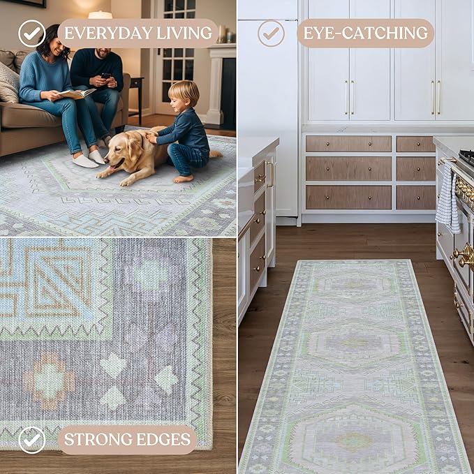 Fame Living Washable Area Rug. Modern Farmhouse. Vintage. Turkish. Bohemian. Distressed. Oriental. Traditional. Rugs for Living Room. Dining. Bedroom. Office. Entryway. Foyer. (856GrnCrm, 5' x 6'9")