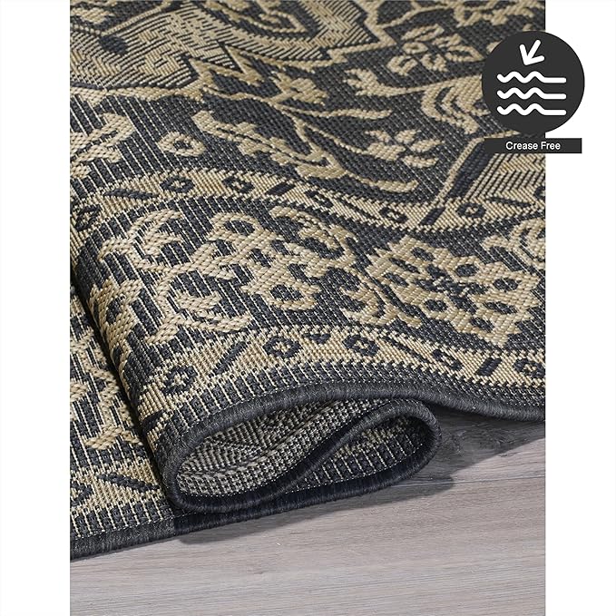 FH Home Flat Woven Outdoor Rug - Waterproof, Easy to Clean, Stain Resistant - Premium Polypropylene Yarn - Vintage - Porch, Deck, Balcony,Laundry Room - Ankara - Charcoal - 2ft 8in x 4 ft 11in