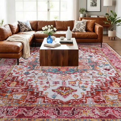Beglad Large Vintage Area Rugs 6x9 for Living Room, Machine Washable Rugs - Low Pile Carptet, Soft Distressed Floral Rugs for Kitchen, Dining Room, Bedroom, Plum