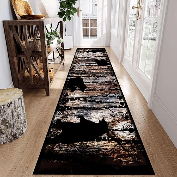 Wildlife Bear Runner Rug, 2x7ft, Vintage Wood Grain Wild Animal Black Bear Corridor Carpet, Non-Slip Washable Long Runner Rug for Farmhouse, American Country Wood Floor Entrance Rug Door Mat