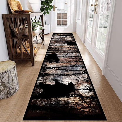 Wildlife Bear Runner Rug, 2x7ft, Vintage Wood Grain Wild Animal Black Bear Corridor Carpet, Non-Slip Washable Long Runner Rug for Farmhouse, American Country Wood Floor Entrance Rug Door Mat