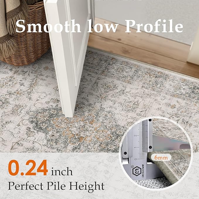HUGEAR 2x3 Entryway Area Rug Retro Taupe Green Small Rug Machine Washable Door Mat Vintage Floral Low Pile Carpet Distressed Throw Rug Entrance Kitchen Bathroom Office Non Slip Soft Lightweight