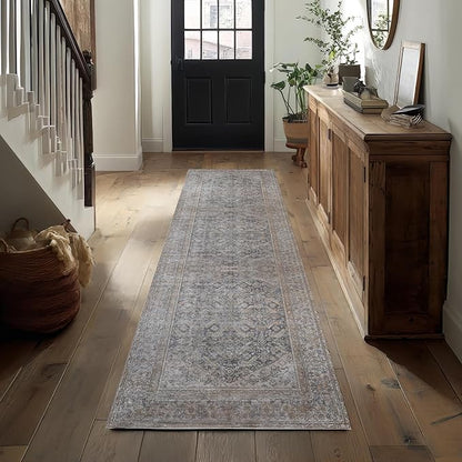 Kuden 2'6"x7' Runner Rug, Machine Washable Area Rug with Non-Slip Backing, Vintage Style, Soft, Easy Clean, Low Pile Rug for Hallway, Entryway, Kitchen, Bedroom
