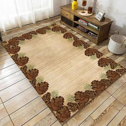 Rustic Lodge Brown Area Rug 3x4ft Pine Cone Leaf Botanical Print Home Decor Non Slip Washable Rug Pine Cones Area Rug Low Pile Thin Indoor Throw Carpet Rug for Laundry Dining Room Office