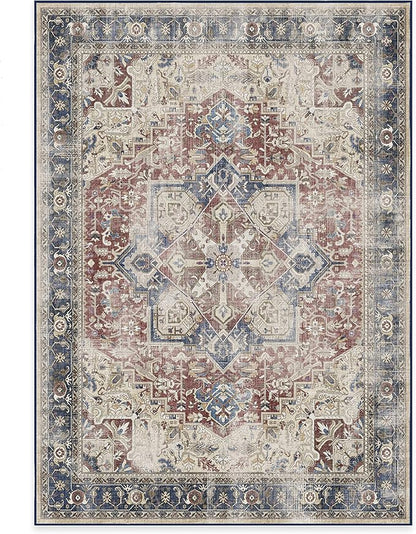 RUGGABLE Washable Vintage Area Rug – Kamran Royal Blue 5x7, Stain-Resistant, Non-Slip – Medium Machine Washable Rugs for Living Room, Bedroom, Hallway, Entryway & Office–with Standard Pad