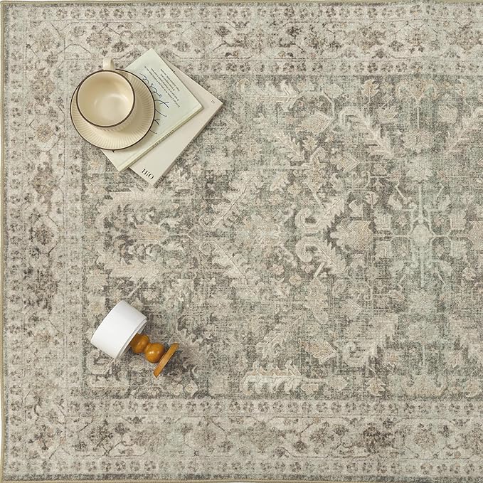 Brown 6x9 Area Rug Vintage Washable Living Room Carpet Non Slip Bedroom Indoor Office Low Pile Large Traditional Distressed Retro Accent Rug for Dining Room Bathroom Kitchen