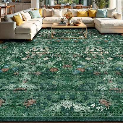 Washable Farmhouse Green 9x12 Rug for Living Room - Boho Floral Art Deco Area Rug for Bedroom, Dining Room Under Kitchen Table, Large Distressed Low Pile Non Slip Carpet - Soft Botanical Mat