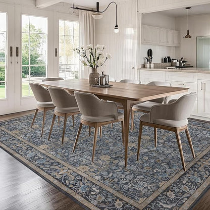 Washable Living Room Rug: 10x14 Boho Floral Soft Area Rug for Bedroom Decor - Vintage Low Pile Thin Carpet for Dining Room Non-Slip - Farmhouse Stain Resistant Rugs - Slate Blue