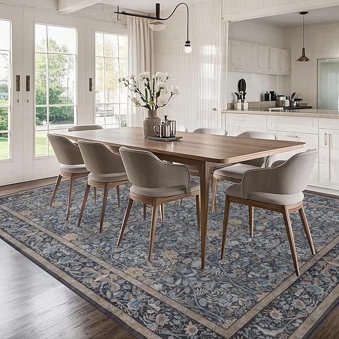 Washable Living Room Rug: 8x10 Boho Floral Soft Area Rug for Bedroom Decor - Vintage Low Pile Thin Carpet for Dining Room Non-Slip - Farmhouse Stain Resistant Rugs - Slate Blue
