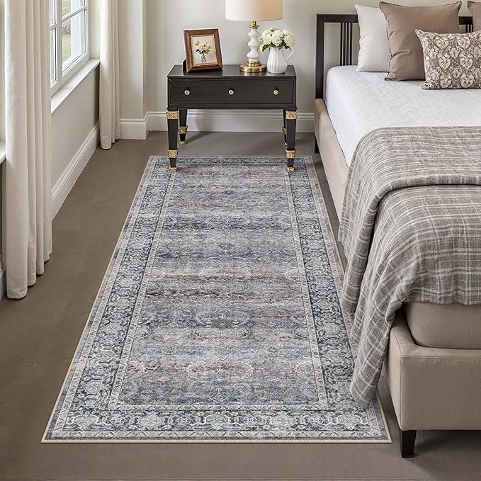HUGEAR 2x6 Runner Rug Non Slip Washable Area Rug Purple Vintage Neutral Distressed Carpet Soft Low Pile Pet Friendly for Bedside Bathroom Kitchen Hallway Porch