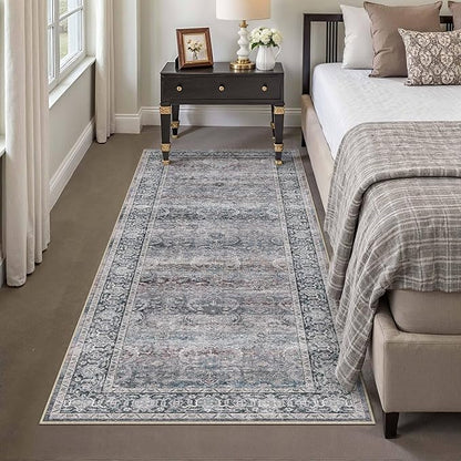 HUGEAR 2x6 Runner Rug Non Slip Washable Area Rug Purple Vintage Neutral Distressed Carpet Soft Low Pile Pet Friendly for Bedside Bathroom Kitchen Hallway Porch