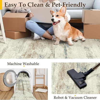 2x8 Runner Rug Washable Beige Brown Abstract Modern Neutral Hallway Carpet Non Slip Soft Low Pile Indoor Kitchen Carpet Contemporary Aesthetic Long Rug Bathroom Bedroom Laundry