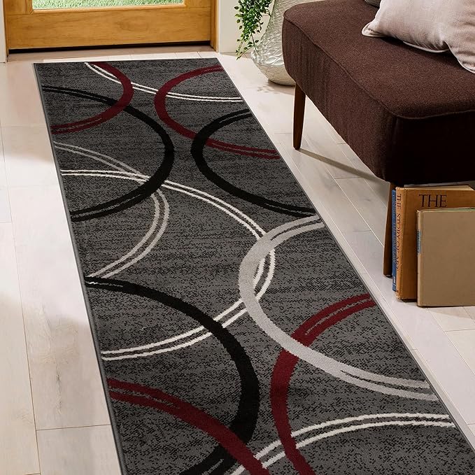 Rugshop Modern Wavy Circles Design Non-Shedding Runner Rug, Carpet for Hallway or Kitchen, Red, 2' x 7'2"