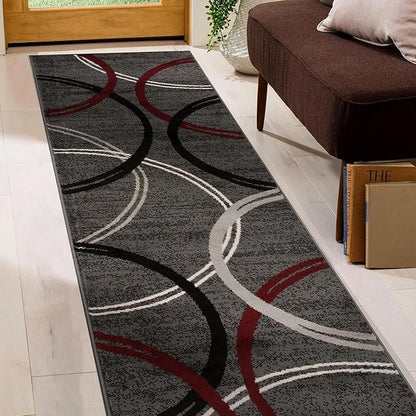 Rugshop Modern Wavy Circles Design Non-Shedding Runner Rug, Carpet for Hallway or Kitchen, Red, 2' x 7'2"