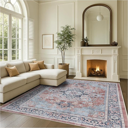 Fame Rugs Turkish Rug. Washable Vintage Oriental Antique Inspired Traditional Doormat Small Modern Area Rugs Luxury Entryway Entry Bedroom Bathroom Kitchen (401TB, 7'5 x 9'9)